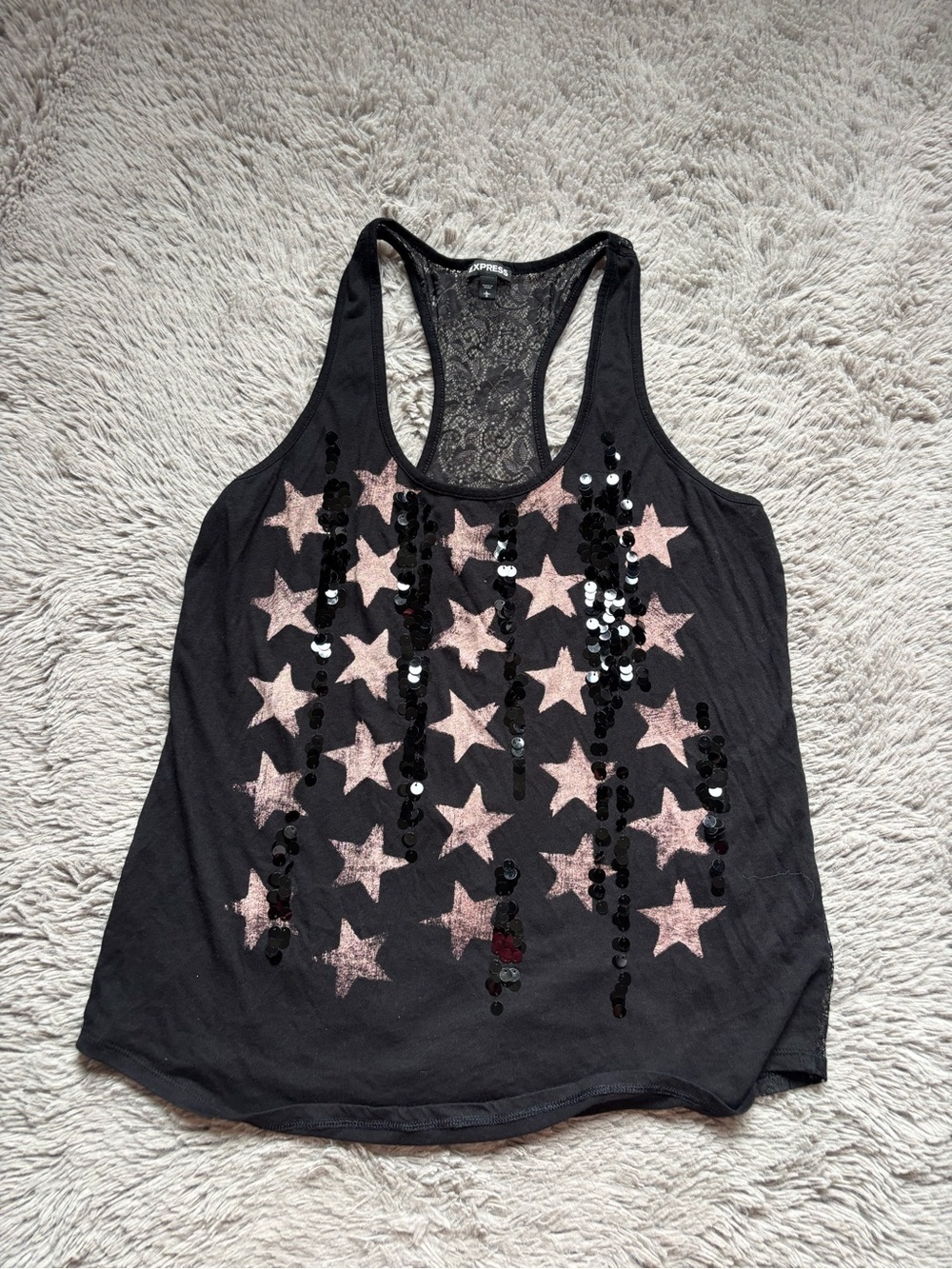 Express Black Racerback lace Tank with Pink Star Print & Sequin Stripes L